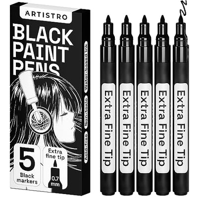 ARTISTRO Black Paint Pens for Rock Painting, Stone, Ceramic, Glass, Wood, Tire, Fabric, Metal, Canvas. Set of 5 Water Based Black Markers for Acrylic