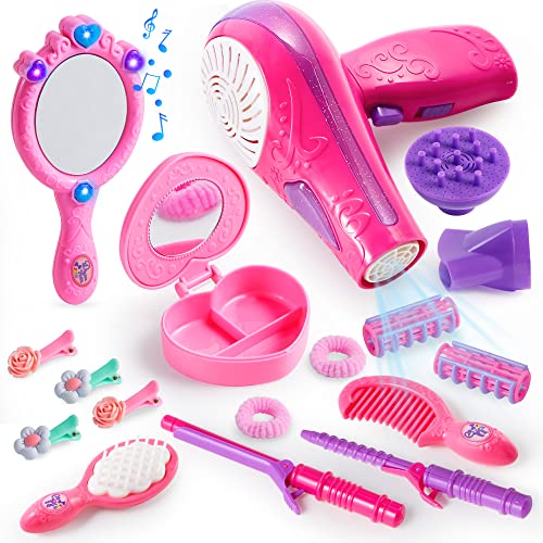 JOYIN 17Pcs Girls Beauty Salon Set, Pretend Play Doll Hair Stylist Toy Kit with Hairdryer, Mirror, Curling Iron and Other Accessories for Kids JOYIN