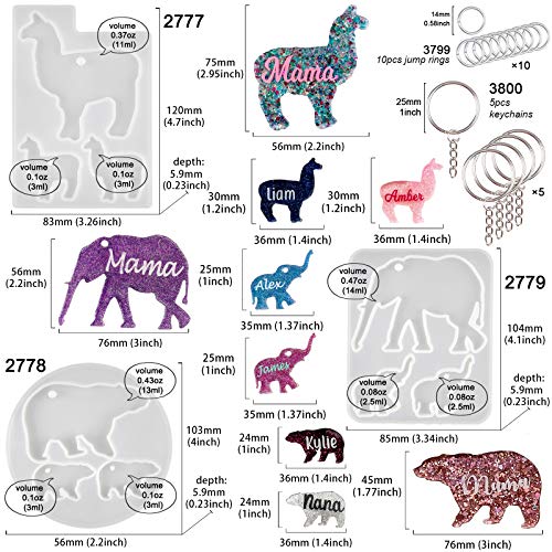 Mama and Baby Keychain Resin Silicone Molds Set with Key Chain Rings Alpaca Bear Elephant for Epoxy Jewelry Casting Kit 18-Count FUNSHOWCASE