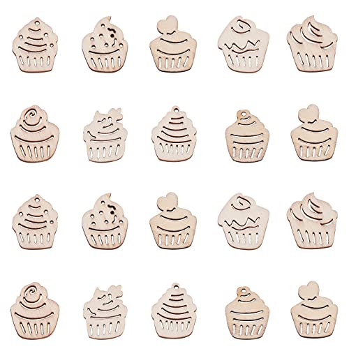 KitBeads 100pcs Random Hollow Cake Unfinished Wood Cutouts Wooden Cupcake Dessert Theme Filligree Wooden Ornament for DIY Crafts Home Decorations