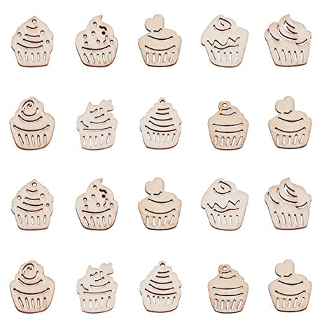 KitBeads 100pcs Random Hollow Cake Unfinished Wood Cutouts Wooden Cupcake Dessert Theme Filligree Wooden Ornament for DIY Crafts Home Decorations KitBeads