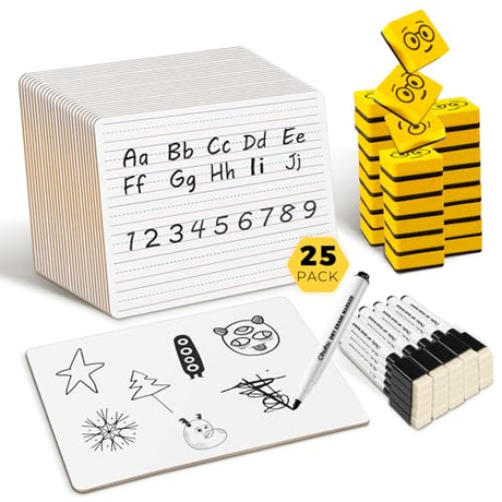 Double Sided Dry Erase Boards - Lined/Plain, Ohuhu 25-Pack 9 x 12 Inch Whiteboards Set, Including 25 x Lap Board, 25 x Black Markers, 25 x White Ohuhu