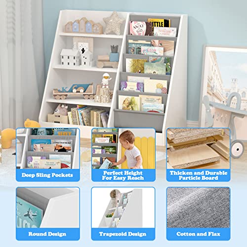 White 4-Tier Kids Wooden Bookshelf with Five Sling Pockets for Toys and Books Storage HedoAjim