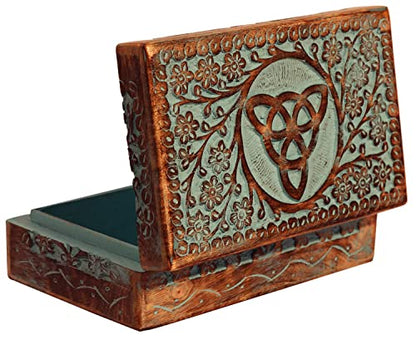 ETROVES Carved Wooden Box, Jewelry Storage, Memory KeepsakeTrinket Box – Handmade Wood Floral Design, 8x4 Inch Turquoise