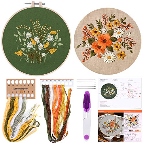 FEPITO 2 Sets Full Range Embroidery Starter Kit with Pattern and Instructions Cross Stitch Kit Includes 2 Pcs Embroidery Clothes with Floral Pattern, FEPITO