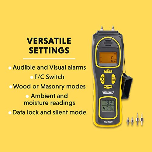 General Tools 4-in-1 Pin/Pinless Combo Moisture Meter #MMH800 - Pin/Pinless Combo Mold Detector for Home - Dual LCD Display & Audible Alarm - WoodArtSupply