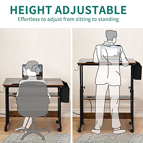 YITAHOME Height Adjustable Table with Charging Station, Portable Desk with Wheels, Small Standing Rolling Computer Desk with Tiltable Tabletop and YITAHOME