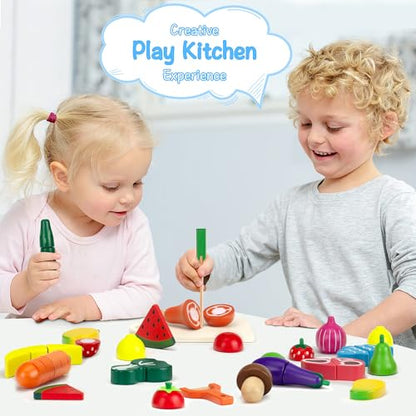 Wooden Play Food Sets for Kids Kitchen Cutting Fruits Vegetables and Meat Pretend Play Toddler Toys Food Montessori Toys Gift for Boys and Girls