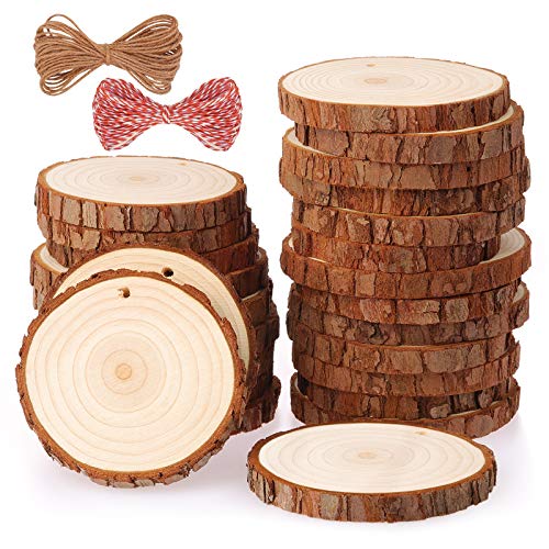 Fuyit Natural Wood Slices 25 Pcs 3.1-3.5 Inches Craft Wood Kit Unfinished Predrilled with Hole Wooden Circles Tree Slices for Arts and Crafts - WoodArtSupply