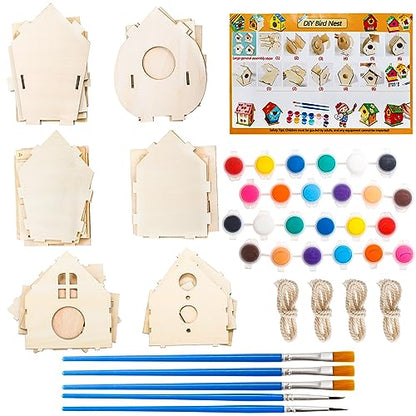 Coloch 6 Pack DIY Birdhouse Kits, Wooden Crafts Arts for Children to Build and Paint (Includes Paints, and Brushes), Painting Puzzle DIY Wooden