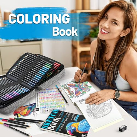 POPYOLA 136 Pack Colored Pencils Set with Portable Gift Case, Art Supplies 120 Colored Pencils, 3-Color Sketch Book, Coloring Book, Sketchbook, POPYOLA