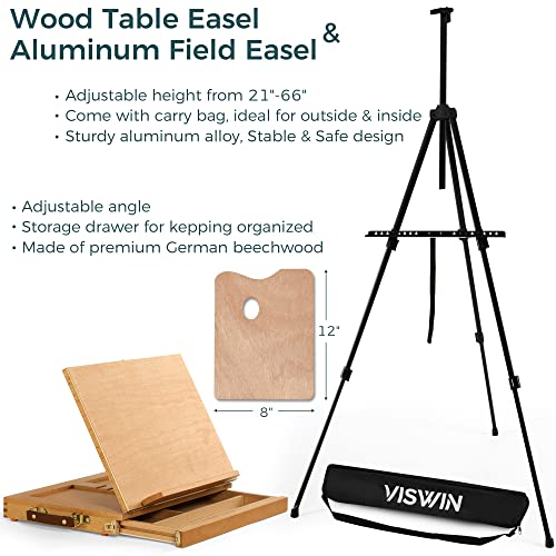 VISWIN 148 Pcs Super Deluxe Painting Kit with Tabletop & Field Easel, 96 Oil, Watercolor & Acrylic Paint Set, Canvas, Paintbrush, Palette, - WoodArtSupply