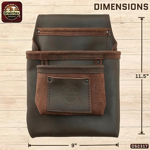 Graintex OS2317 3 Pocket Nail & Tool Pouch Top Grain Oil Tanned Leather for Framers, Constructors, Electricians, Plumbers, Handyman Brown Graintex