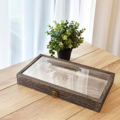 MOOCA Natural Wood Glass Top Jewelry Display Tempered Glass Accessories Storage Box with Metal Clasp, Wooden Jewelry Organizer Tray for Collectibles,