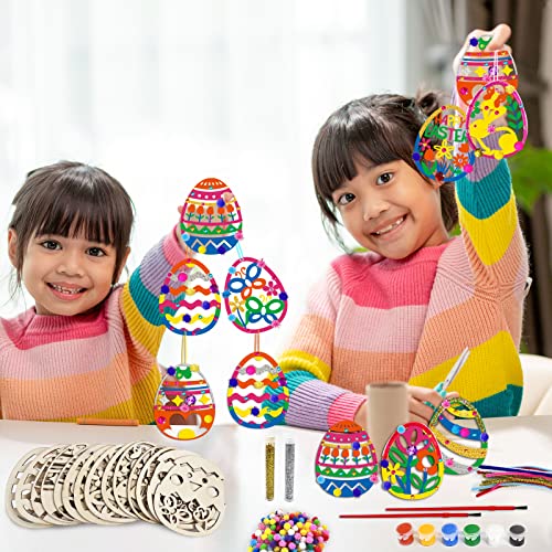 36 Wooden Easter Ornaments Decorations, DIY Easter Wood Craft Kits Assorted Paintable Unfinished Wood Easter Pendants Pom-poms Glitter Pipe Cleaners OBUSATT