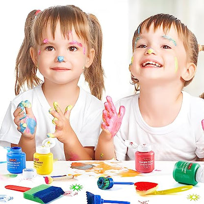 Washable Finger Paint Set, Shuttle Art 46 Pack Kids Paint Set with 14 Colors(60ml) Finger Paints, Brushes, Finger Paint Pad, Sponge, Palette, Smock, - WoodArtSupply