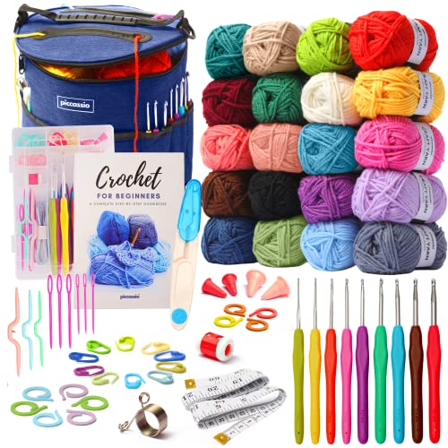 Piccassio Crochet Kit for Beginners Adults and Kids - Make Amigurumi Crocheting Projects Beginner Includes 20 Colors Yarn, Hooks, Book, a Durable Bag Piccassio