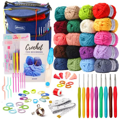 Piccassio Crochet Kit for Beginners Adults and Kids - Make Amigurumi Crocheting Projects Beginner Includes 20 Colors Yarn, Hooks, Book, a Durable Bag
