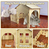Fhiny Wooden Rabbit Castle Hideout with Fence, Small Animal Rest and Play House Hideaway with Window Detachable Rabbit Bed Hut Bunny Castle for Fhiny
