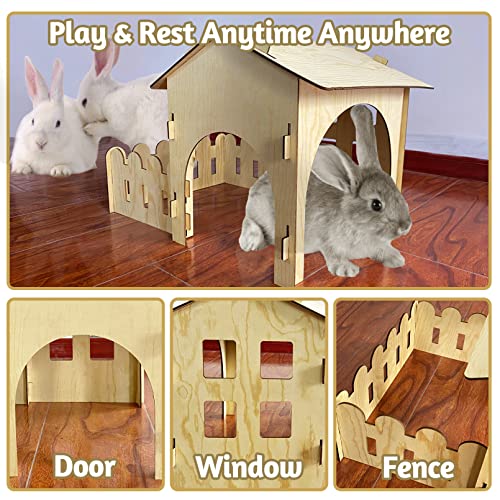 Fhiny Wooden Rabbit Castle Hideout with Fence, Small Animal Rest and Play House Hideaway with Window Detachable Rabbit Bed Hut Bunny Castle for - WoodArtSupply