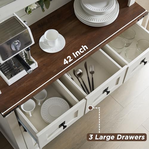 OKD Farmhouse Bar Cabinet with Sliding Barn Door, 72" Rustic Buffet with Hutch with Wine and Glasses Rack, 3 Drawers, Storage Shelves, Sideboard OKD