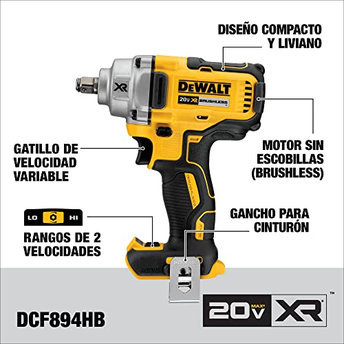 DEWALT 20V MAX* XR Cordless Impact Wrench with Hog Ring Anvil, 1/2-Inch, Tool Only (DCF894HB)