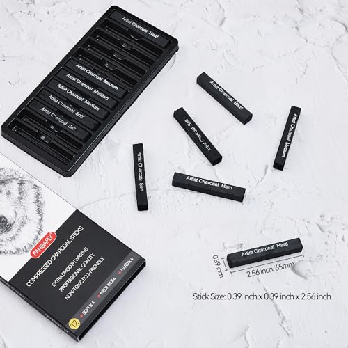 PANDAFLY Compressed Charcoal Sticks, 12 Pieces (Soft, Medium, Hard) Square Vine Charcoal Sticks for Drawing, Sketching, Shading, Charcoal Drawing Set PANDAFLY