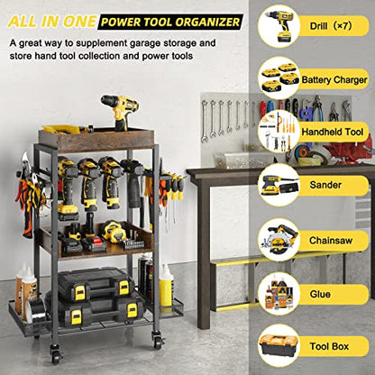 Power Tool Organizer Garage Storage Organization Shelving Tool Holder Drill Rack Shelf Rolling Cart Open Tool Chest Cabinet Box Organizer with Wheels
