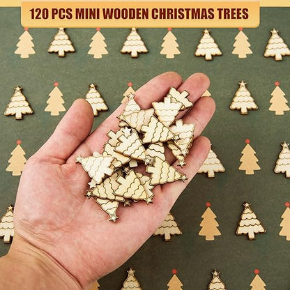 120 Pcs Mini Unfinished Wood Christmas Tree Ornaments 0.8x1.2" Wooden Christmas Tree Pieces Mini Wood Blanks Embellishments Small Wood Christmas