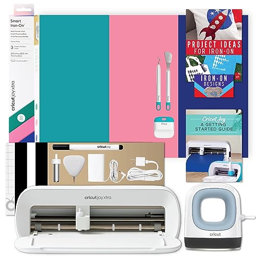 Cricut Joy Xtra and EasyPress Mini with Iron-On Vinyl Sampler Pack and Tool Kit Bundle - Cutting Machine with Small Heat Press and HTV Accessories,