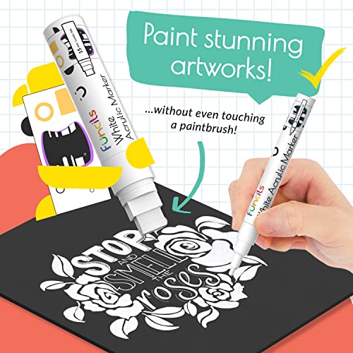 Funcils 5 Acrylic White Paint Pens - Fine & Jumbo Size Ink Pens (1mm, 3mm, 6mm, 10mm, 15mm) - Permanent White Marker Ink for Rock Painting, Fabric, Funcils