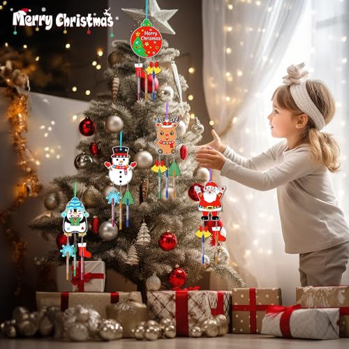 TREACLUB Christmas Wind Chime Kit for Kids, 12 Pack Merry Christmas Make Your Own Wooden Wind Chime DIY Coloring Xmas Snowman Santa Unfinished Wooden TREACLUB