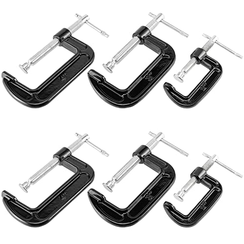 MUKCHAP 6 PCS 3 Size C-clamp Set, 2" 3" 4" Small C Clamps, Mini G Clamps for Woodworking or Metal Workpiece, Black