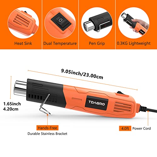 TDAGRO Mini Heat Gun 400W, 482°F & 752°F 2 Temp Setting Embossing Heat Gun, Fast Heating, Overload Protection with Reflector Nozzle for DIY, - WoodArtSupply