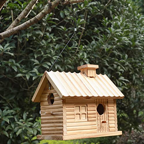 Bird Houses Outside,Outdoor Bird House, Natural Wooden Bird Hut Clearance 2 Hole Bluebird Finch Cardinals Hanging Birdhouse for Garden Viewing STARSWR