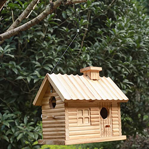 Bird Houses Outside,Outdoor Bird House, Natural Wooden Bird Hut Clearance 2 Hole Bluebird Finch Cardinals Hanging Birdhouse for Garden Viewing - WoodArtSupply