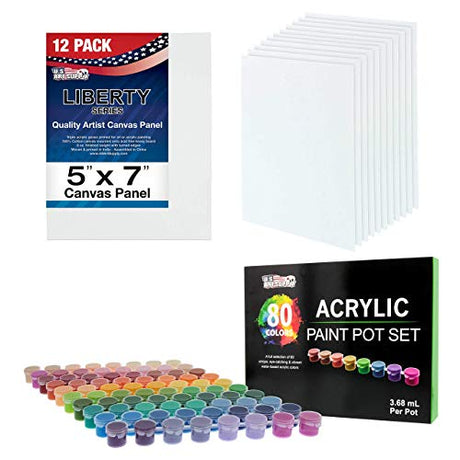 U.S. Art Supply Paint & Canvas Bundle with Professional 80 Color Set of Acrylic Paint Jar Set & 5 X 7 inch Professional Artist Quality Acid Free US Art Supply