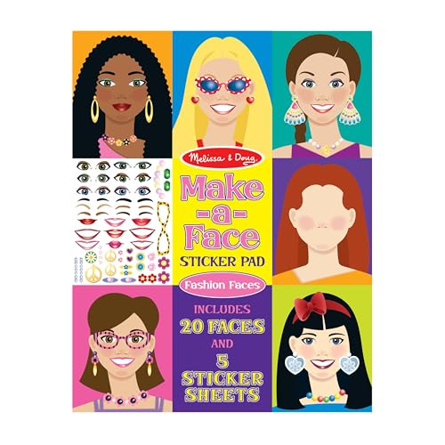 Melissa & Doug Make-a-Face Sticker Pad - Fashion Faces, 20 Faces, 5 Sticker Sheets - Reusable Stickers, Stocking Stuffers, Restickable Stickers, - WoodArtSupply