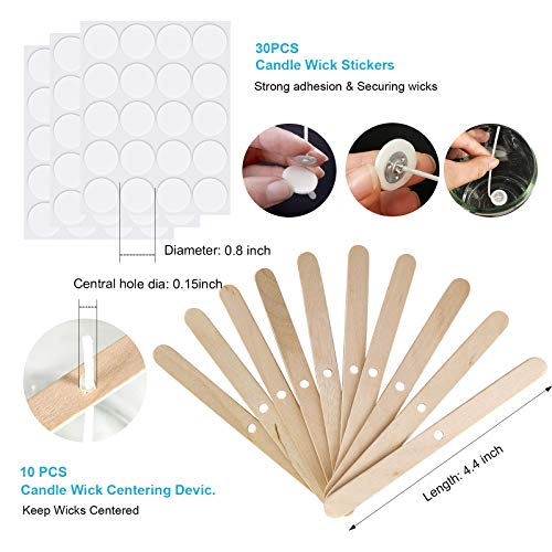 Candle Wicks 100 Pcs 6 inch with 30Pcs Candle Wick Stickers and 10 Pcs Wooden Candle Wick Centering Device for Soy Beeswax Candle Making and Candle AK1980