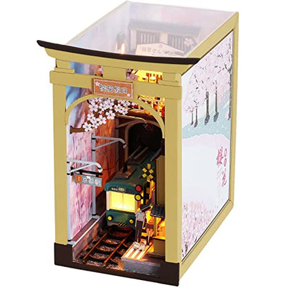 3D Wooden Puzzle Bookends, DIY Book Nook Kit, Sakura DIY Miniature Dollhouse Model Building Kit Insert Decor with Sensor Light, Stand Bookshelf for