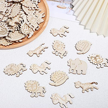 Wooden Craft Shapes 100pcs Wooden Animal Cutouts Unfinished Animal Pieces Mini Wood Animal Embellishments DIY Craft Wild Forest Animal Slices Wood