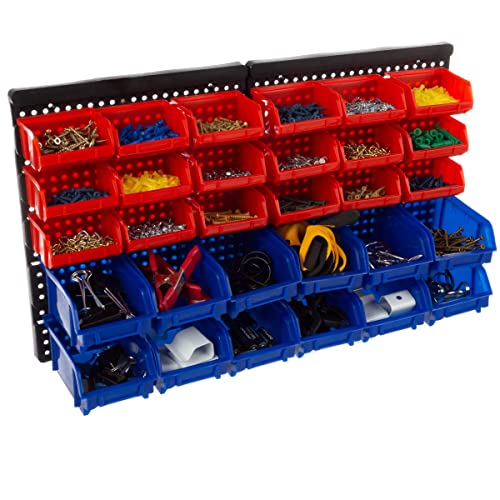 Wall-Mounted Garage Storage Bins - 30 Compartments for Garage Organization, Craft Supply Storage, Tool Box Organizer Unit by Stalwart (Red/Blue) - WoodArtSupply