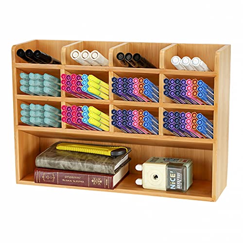 Storage Organizer Box Container with Bamboo Divider Remote Control Holder  for Desk, Office Supplies, Makeup Brush