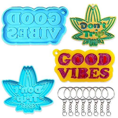 2Pcs Words Maple Leaf Silicone Resin Molds, Good Vibes Keychain Molds with Holes, Don't Trip Keychain Molds for Epoxy Resin Kit with 8 Key Rings for ALIBBON