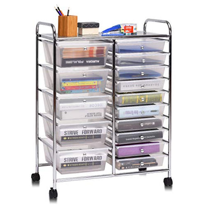 Giantex 15 Drawer Rolling Storage Cart Tools Scrapbook Paper Office School Organizer, Clear