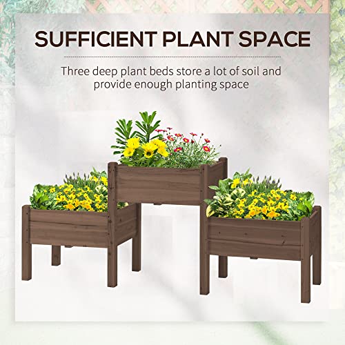 Outsunny Raised Garden Bed with 3 Planter Box, Elevated Wooden Plant Stand with Drainage Holes, for Vegetables, Herb and Flowers, Coffee