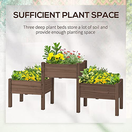 Outsunny Raised Garden Bed with 3 Planter Box, Elevated Wooden Plant Stand with Drainage Holes, for Vegetables, Herb and Flowers, Coffee Outsunny
