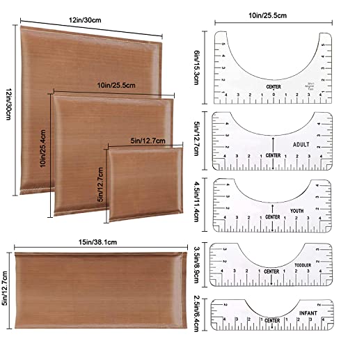 9 Pack Heat Press Pillow Mat Kits - 4 Size Teflon Heat Pressing Transfer Pillows with 5 Size Tshirt Ruler Guide for Vinyl Alignment - WoodArtSupply