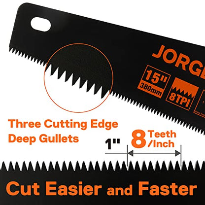 JORGENSEN 15” Hand Saw, Black Coated Coarse Handsaw 8TPI for Wood Cutting, Ergonomic Non-Slip Aluminum Handle for Sawing, Trimming, Gardening, - WoodArtSupply