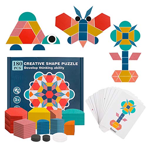 USATDD 180 Pcs Wooden Tangrams Pattern Blocks Set Geometric Manipulative Shape Puzzle Kindergarten Classic Educational Montessori Toys for Kids USATDD